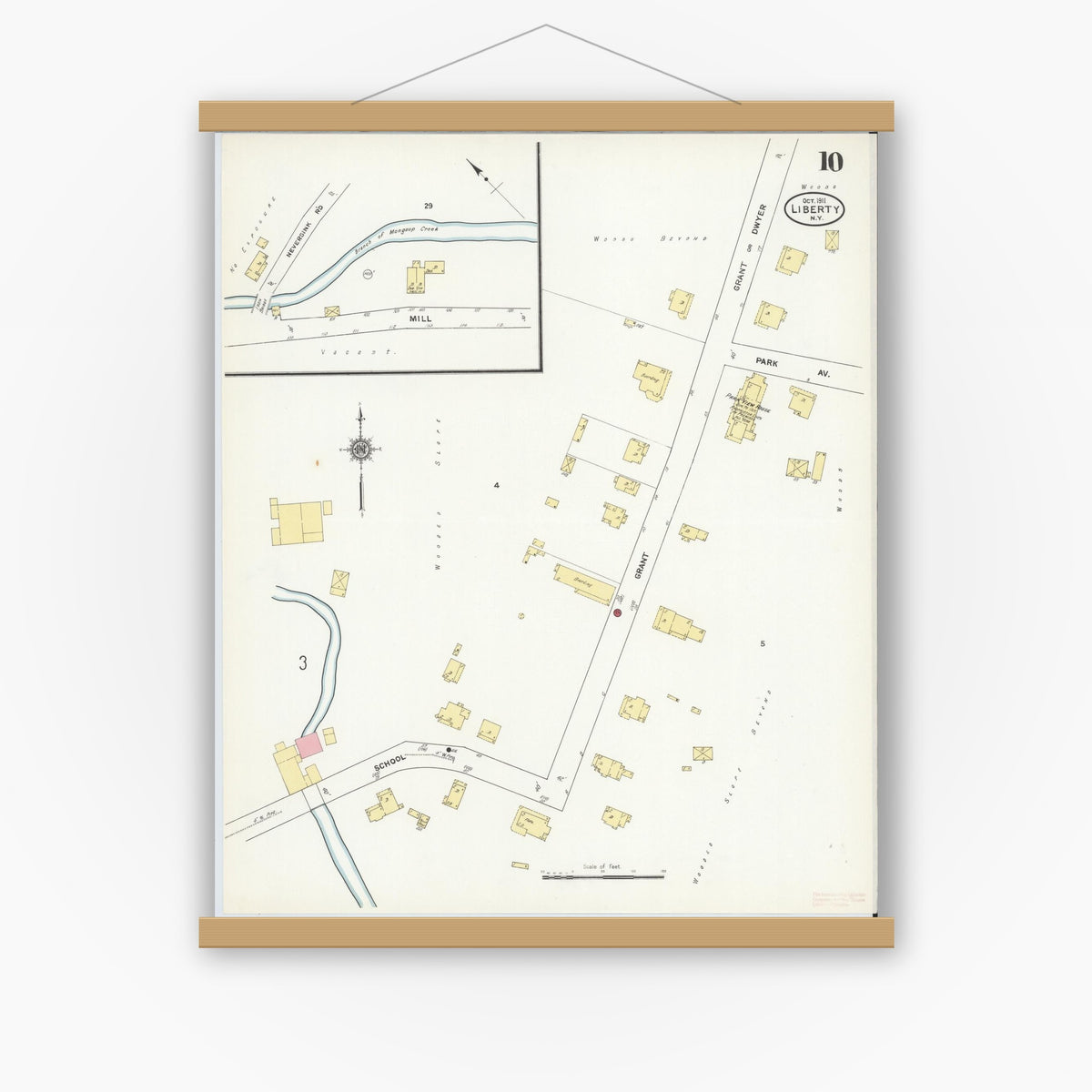 Old map wall art mockup — magnetic wood frame on white wall — Sanborn Fire Insurance Map from Liberty, Sullivan County, New York (1911), Sheet #0010