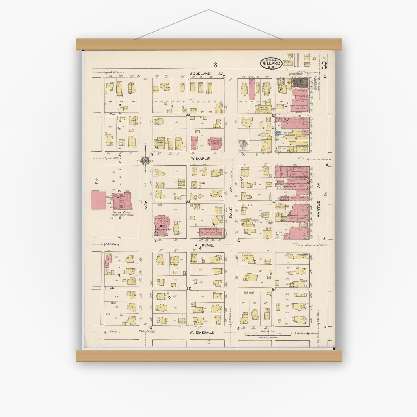 Old map wall art mockup — magnetic wood frame on white wall — Sanborn Fire Insurance Map from Willard, Huron County, Ohio (1922), Sheet #0003