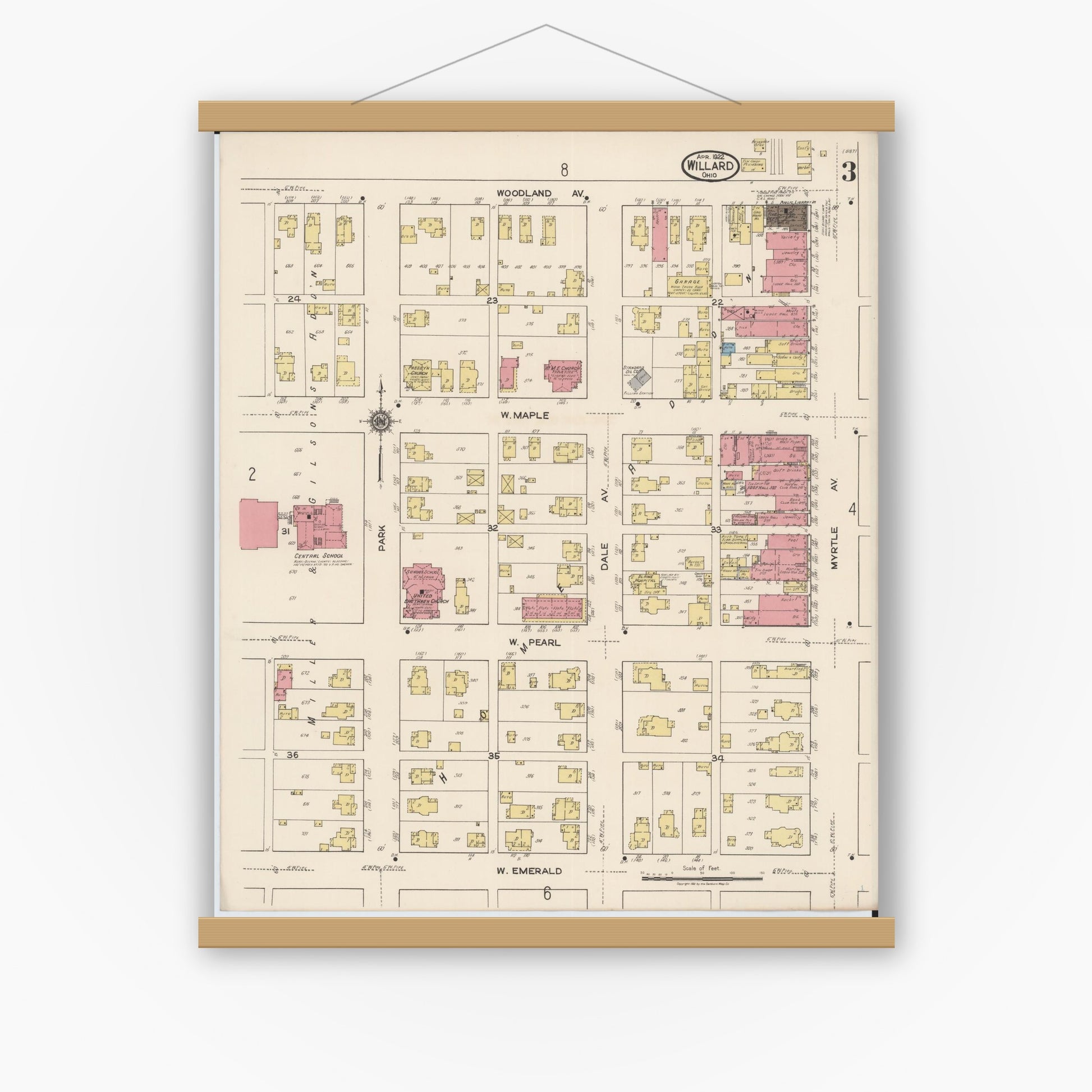 Old map wall art mockup — magnetic wood frame on white wall — Sanborn Fire Insurance Map from Willard, Huron County, Ohio (1922), Sheet #0003