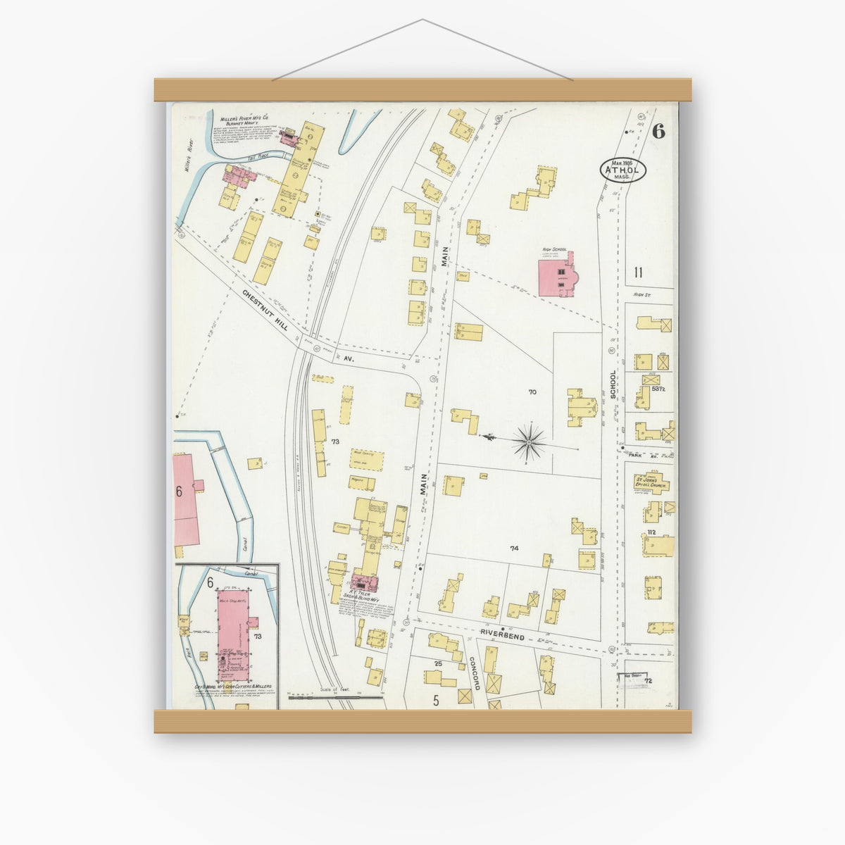 Old map wall art mockup — magnetic wood frame on white wall — Sanborn Fire Insurance Map from Athol, Worcester County, Massachusetts (1905), Sheet #0006