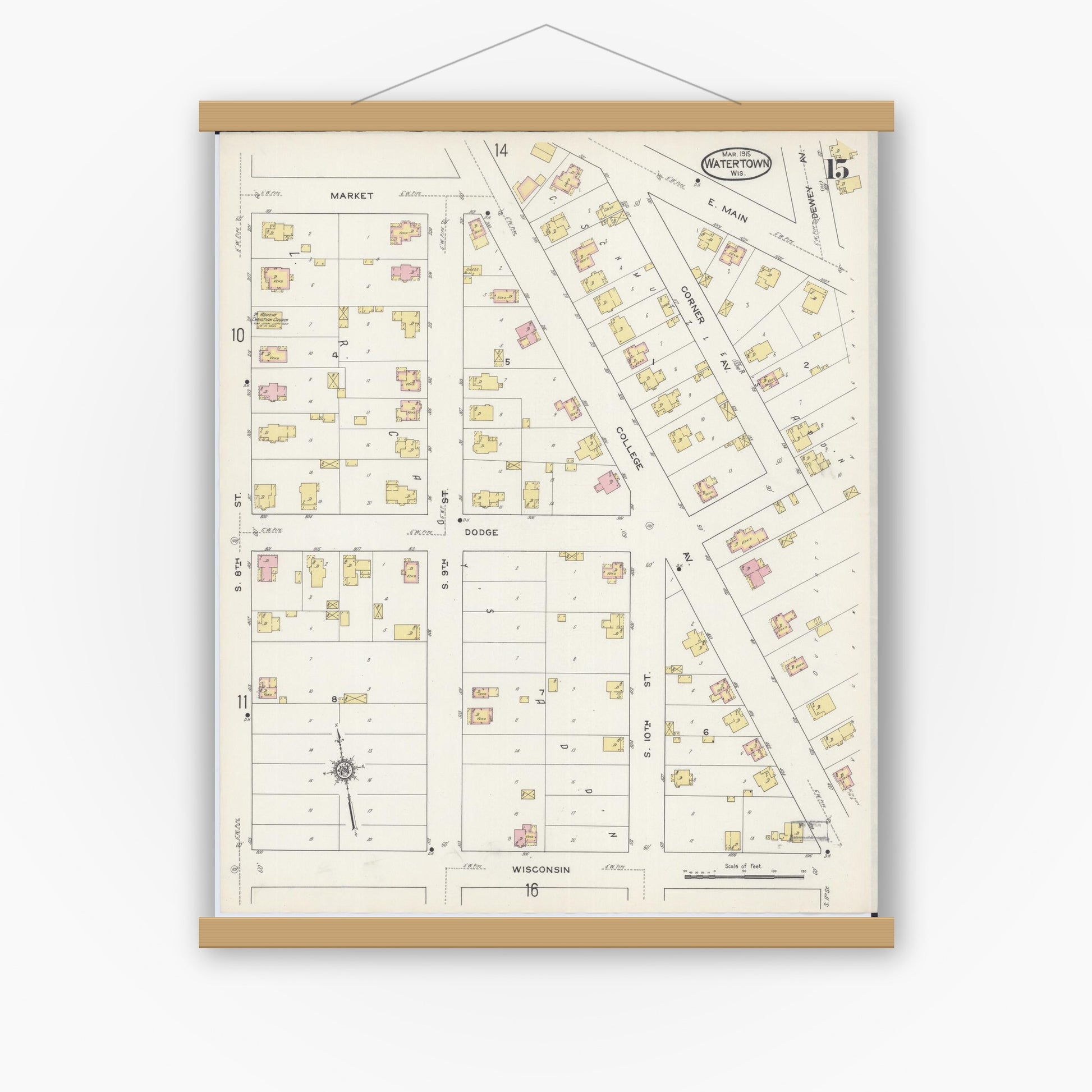Old map wall art mockup — magnetic wood frame on white wall — Sanborn Fire Insurance Map from Watertown, Jefferson County, Wisconsin (1915), Sheet #0016