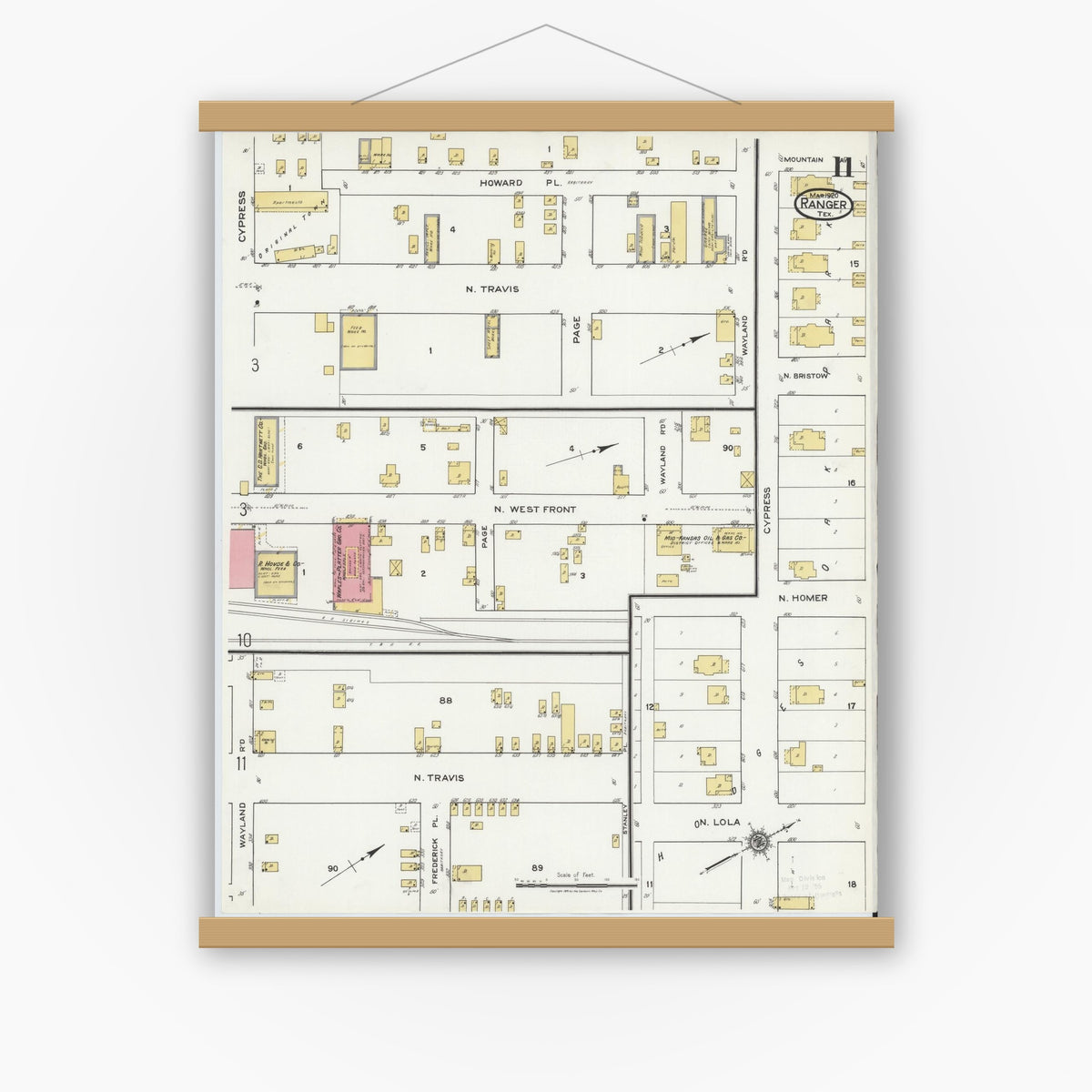 Old map wall art mockup — magnetic wood frame on white wall — Sanborn Fire Insurance Map from Ranger, Eastland County, Texas (1920), Sheet #0011