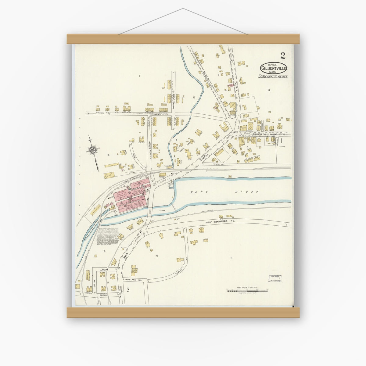 Old map wall art mockup — magnetic wood frame on white wall — Sanborn Fire Insurance Map from Gilbertville, Worcester County, Massachusetts (1917), Sheet #0002