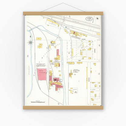 Old map wall art mockup — magnetic wood frame on white wall — Sanborn Fire Insurance Map from Tama, Tama County, Iowa (1906), Sheet #0008