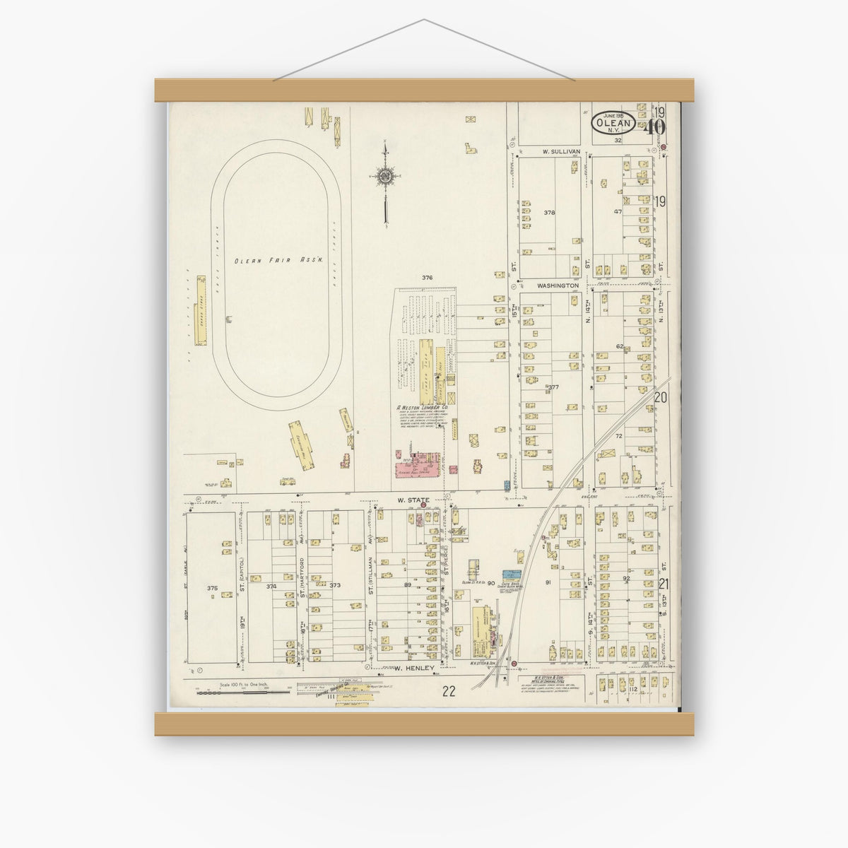 Old map wall art mockup — magnetic wood frame on white wall — Sanborn Fire Insurance Map from Olean, Cattaraugus County, New York (1915), Sheet #0040