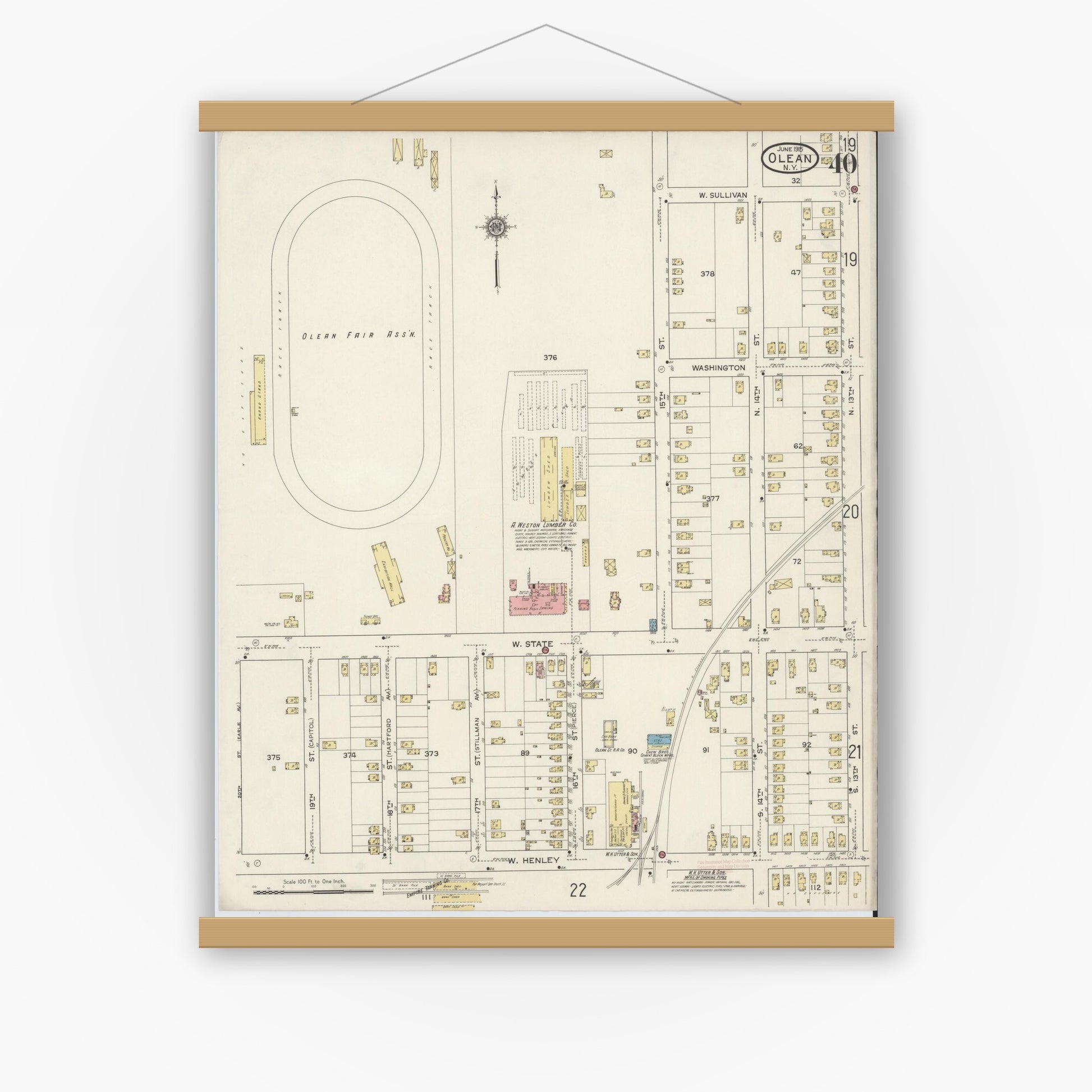 Old map wall art mockup — magnetic wood frame on white wall — Sanborn Fire Insurance Map from Olean, Cattaraugus County, New York (1915), Sheet #0040