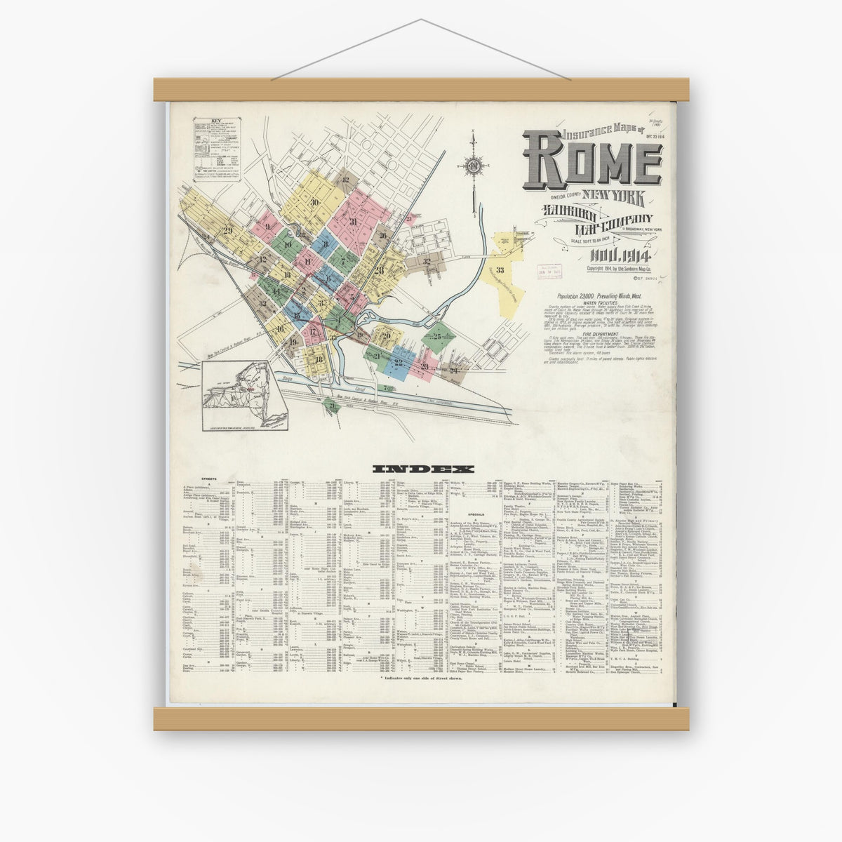 Old map wall art mockup — magnetic wood frame on white wall — Sanborn Fire Insurance Map from Rome, Oneida County, New York (1914), Sheet #0001