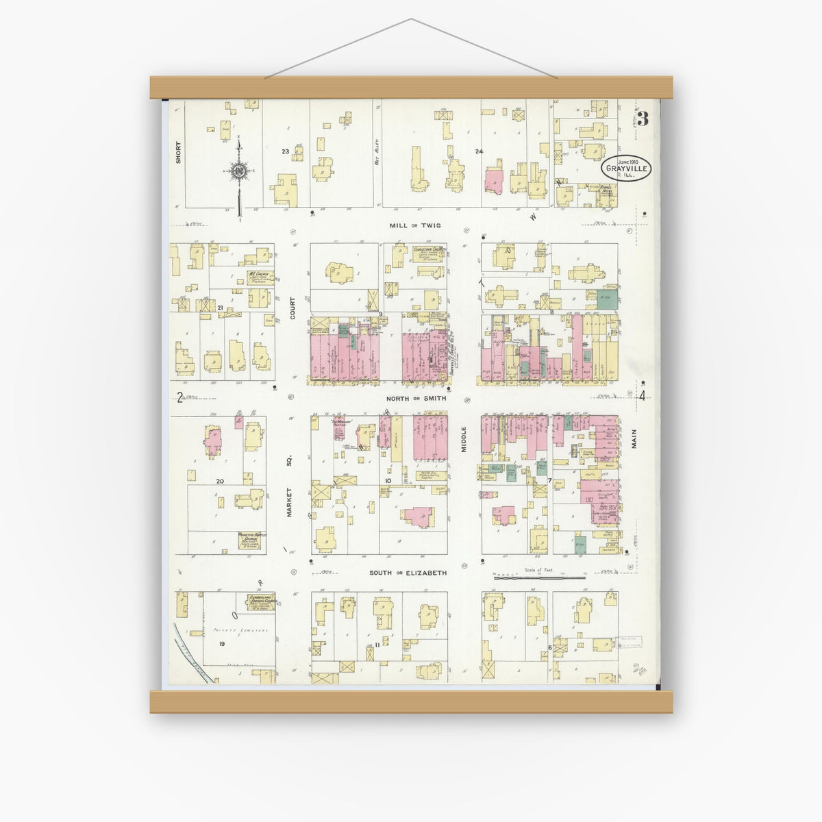 Old map wall art mockup — magnetic wood frame on white wall — Sanborn Fire Insurance Map from Grayville, White And Edwards Counties, Illinois (1910), Sheet #0003