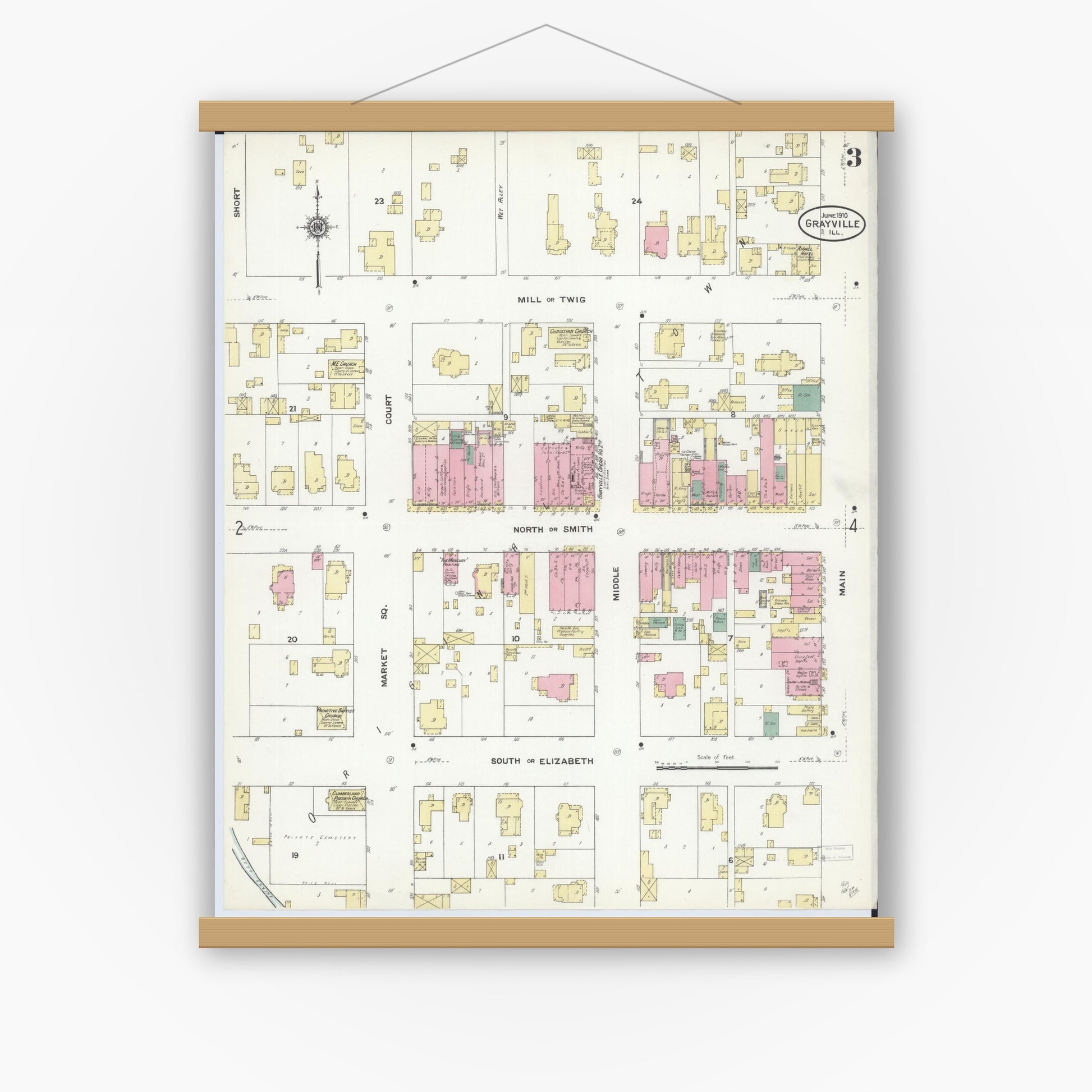 Old map wall art mockup — magnetic wood frame on white wall — Sanborn Fire Insurance Map from Grayville, White And Edwards Counties, Illinois (1910), Sheet #0003
