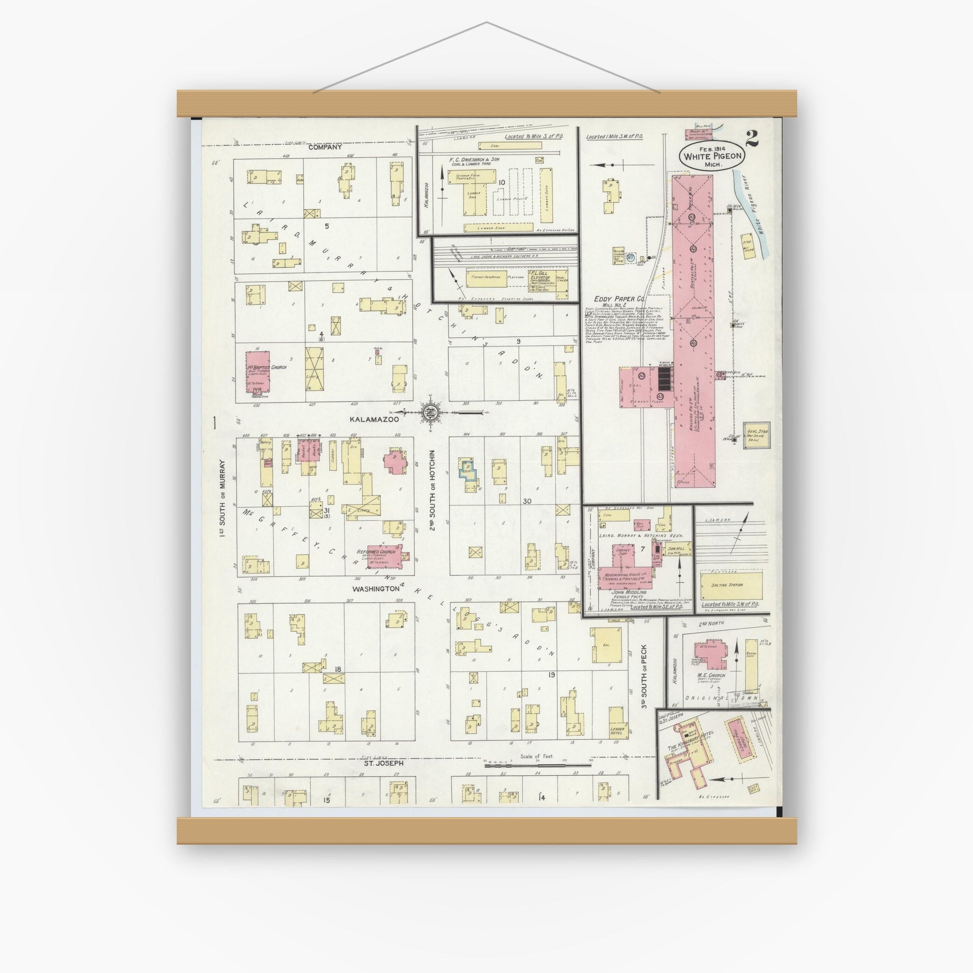 Old map wall art mockup — magnetic wood frame on white wall — Sanborn Fire Insurance Map from White Pigeon, Saint Joseph County, Michigan (1914), Sheet #0002