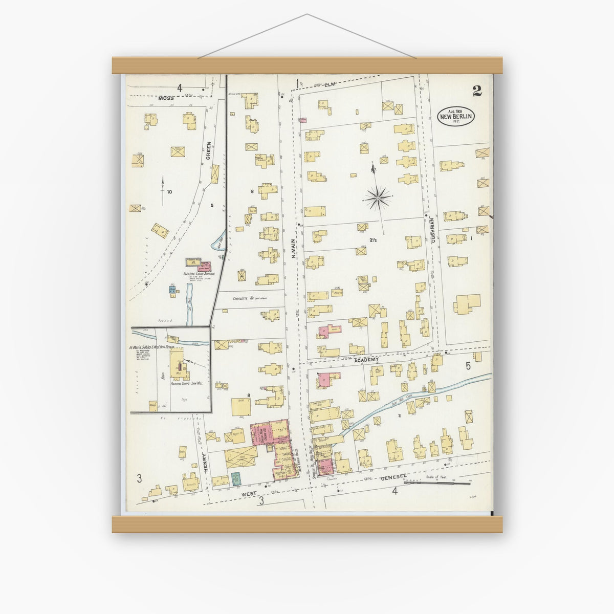 Old map wall art mockup — magnetic wood frame on white wall — Sanborn Fire Insurance Map from New Berlin, Chenango County, New York (1905), Sheet #0002