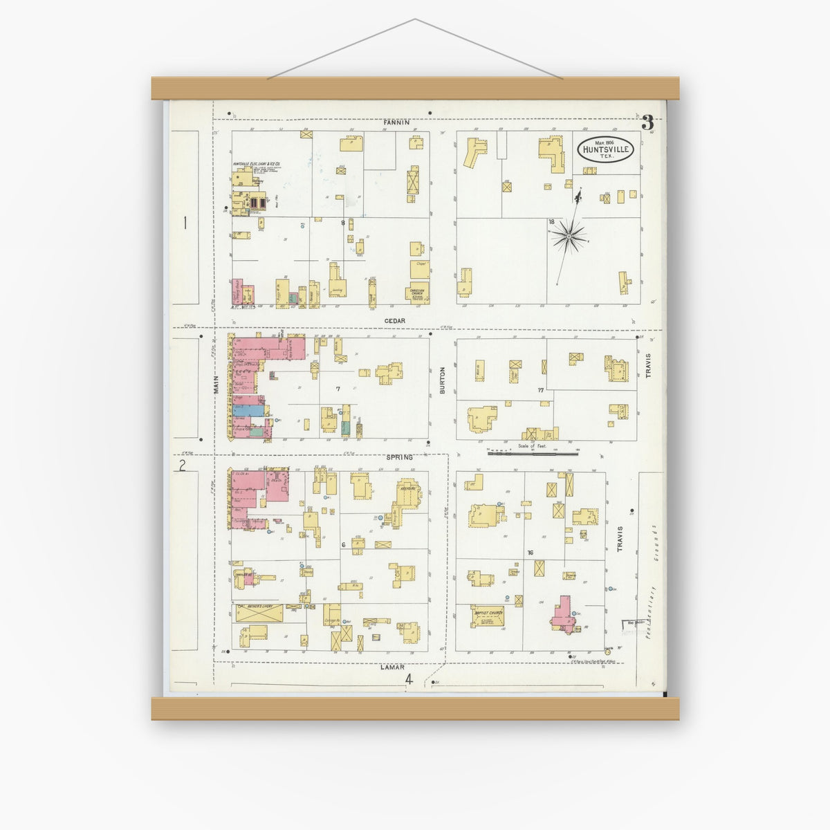 Old map wall art mockup — magnetic wood frame on white wall — Sanborn Fire Insurance Map from Huntsville, Walker County, Texas (1906), Sheet #0003