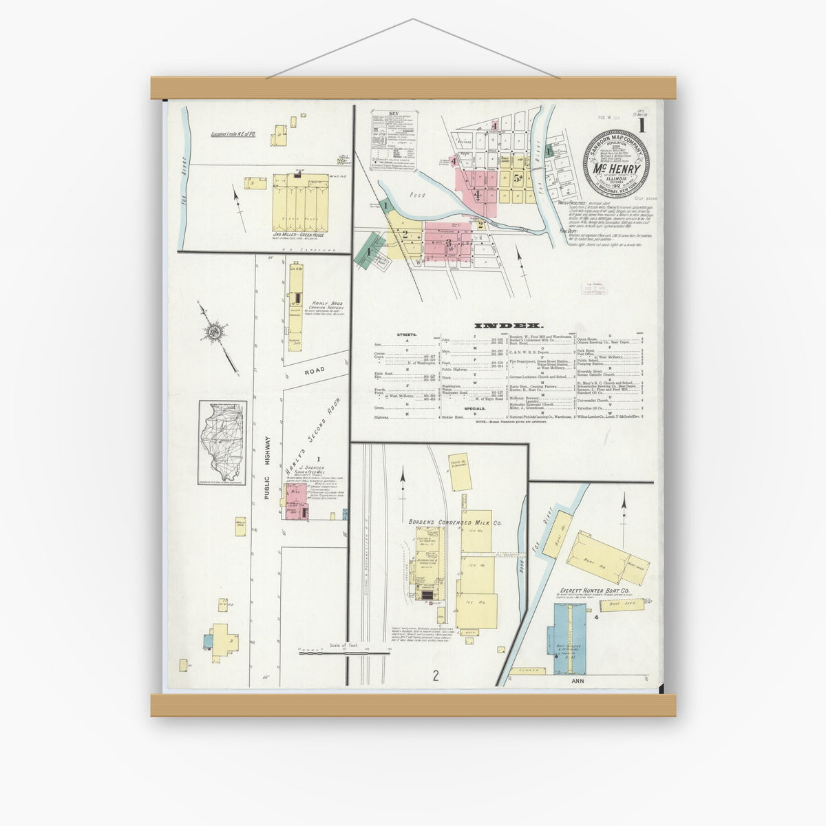 Old map wall art mockup — magnetic wood frame on white wall — Sanborn Fire Insurance Map from McHenry, McHenry County, Illinois (1912) - Complete Map Set