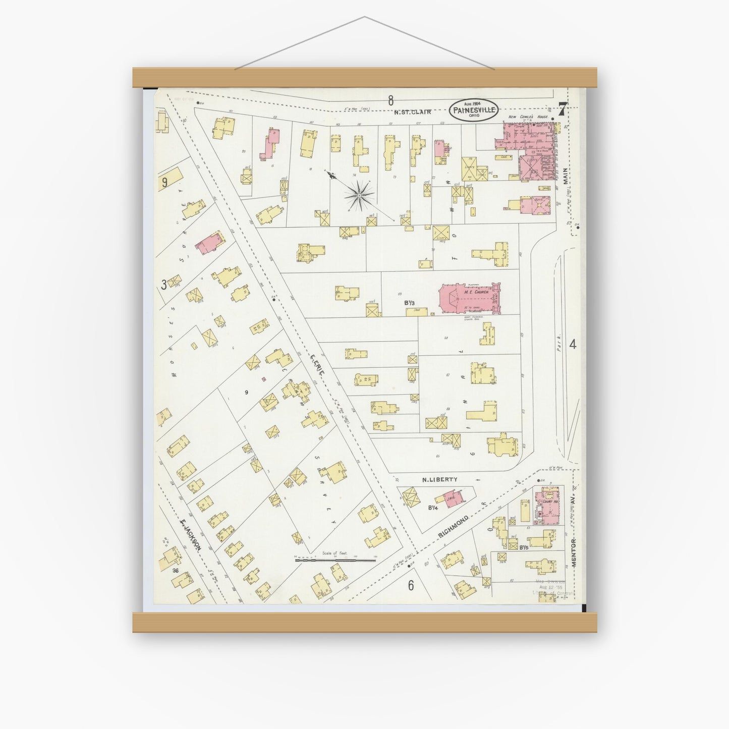 Old map wall art mockup — magnetic wood frame on white wall — Sanborn Fire Insurance Map from Painesville, Lake County, Ohio (1904), Sheet #0007