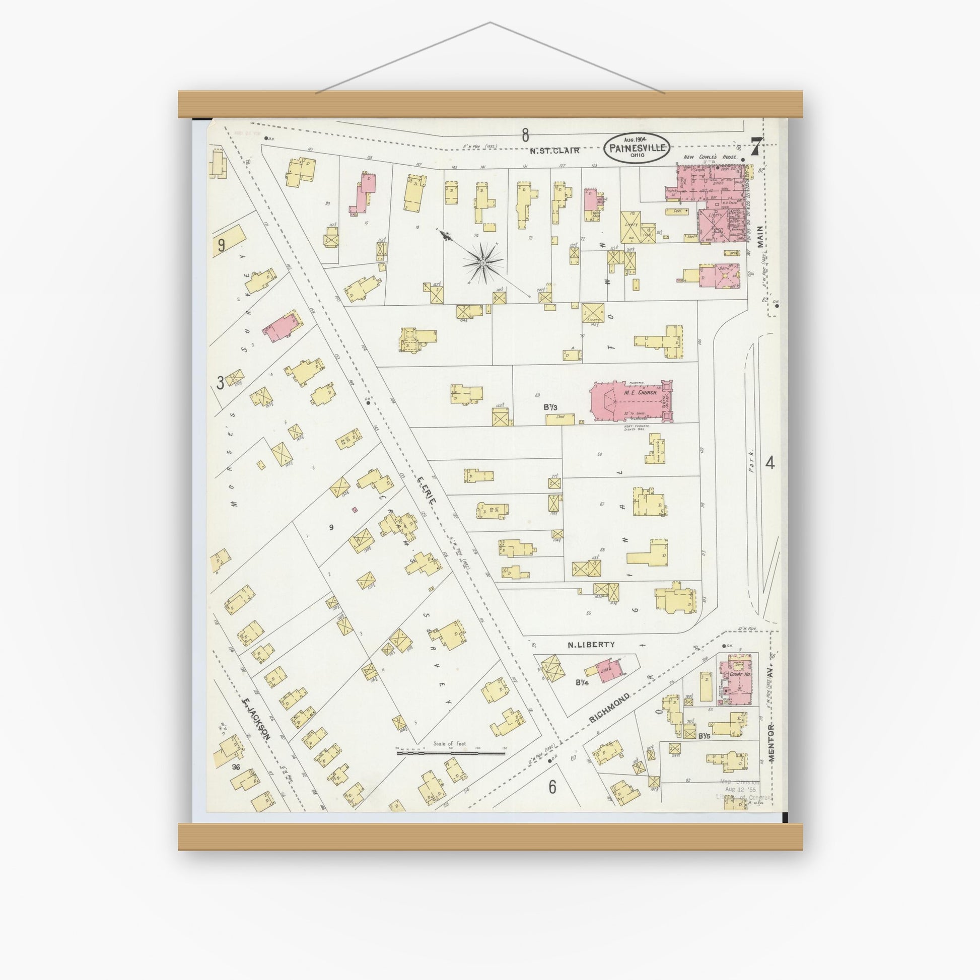 Old map wall art mockup — magnetic wood frame on white wall — Sanborn Fire Insurance Map from Painesville, Lake County, Ohio (1904), Sheet #0007