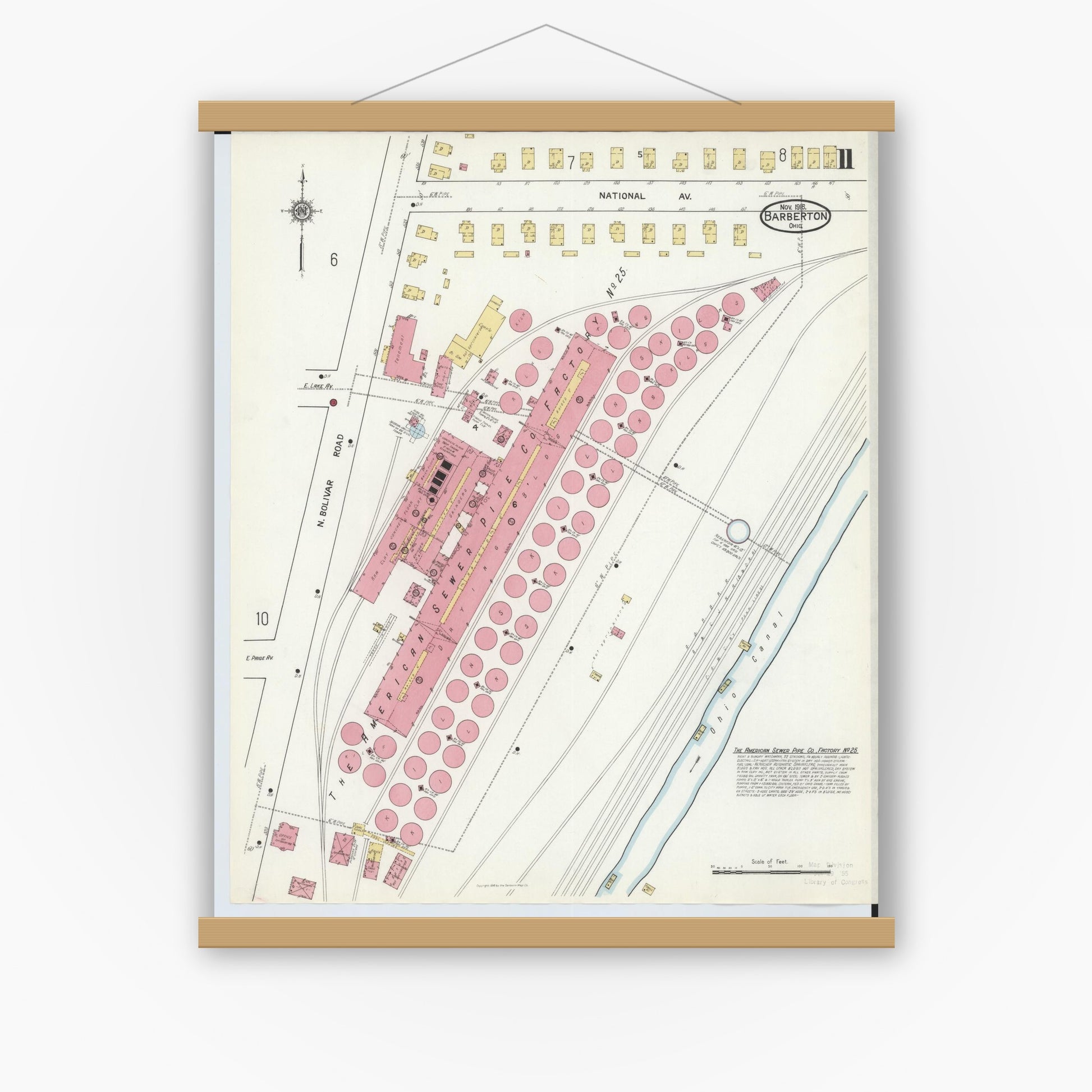 Old map wall art mockup — magnetic wood frame on white wall — Sanborn Fire Insurance Map from Barberton, Summit County, Ohio (1916), Sheet #0011