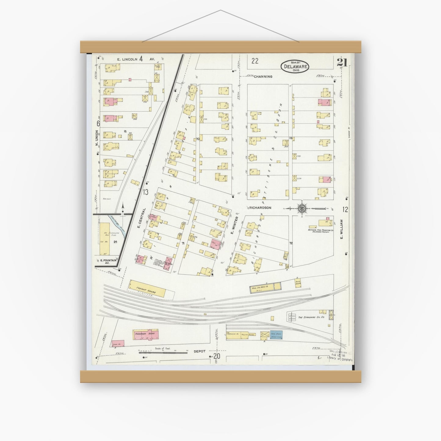 Old map wall art mockup — magnetic wood frame on white wall — Sanborn Fire Insurance Map from Delaware, Delaware County, Ohio (1911), Sheet #0021