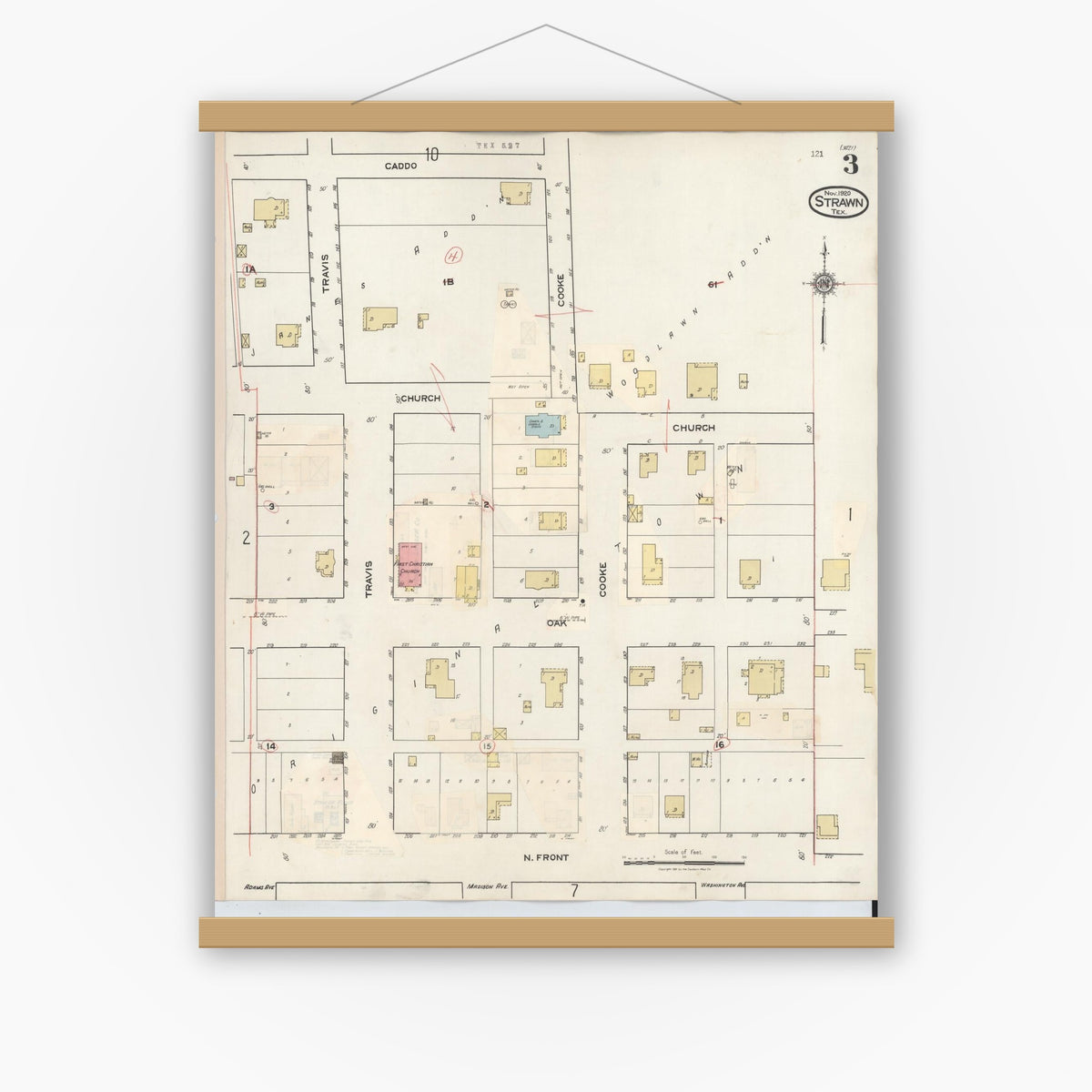 Old map wall art mockup — magnetic wood frame on white wall — Sanborn Fire Insurance Map from Strawn, Palo Pinto County, Texas (1944), Sheet #0003