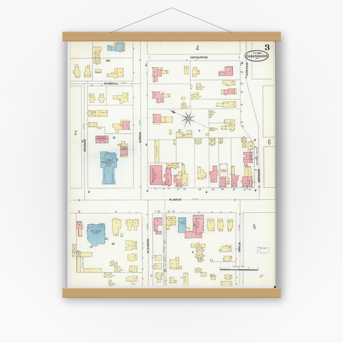 Old map wall art mockup — magnetic wood frame on white wall — Sanborn Fire Insurance Map from Canandaigua, Ontario County, New York (1904), Sheet #0003