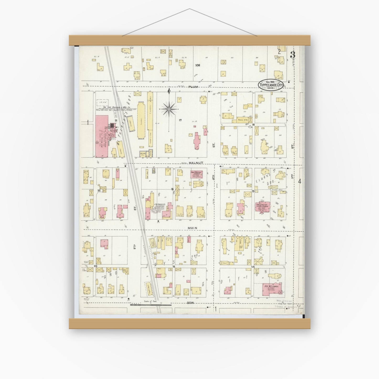 Old map wall art mockup — magnetic wood frame on white wall — Sanborn Fire Insurance Map from Tipp City, Miami County, Ohio (1905), Sheet #0003