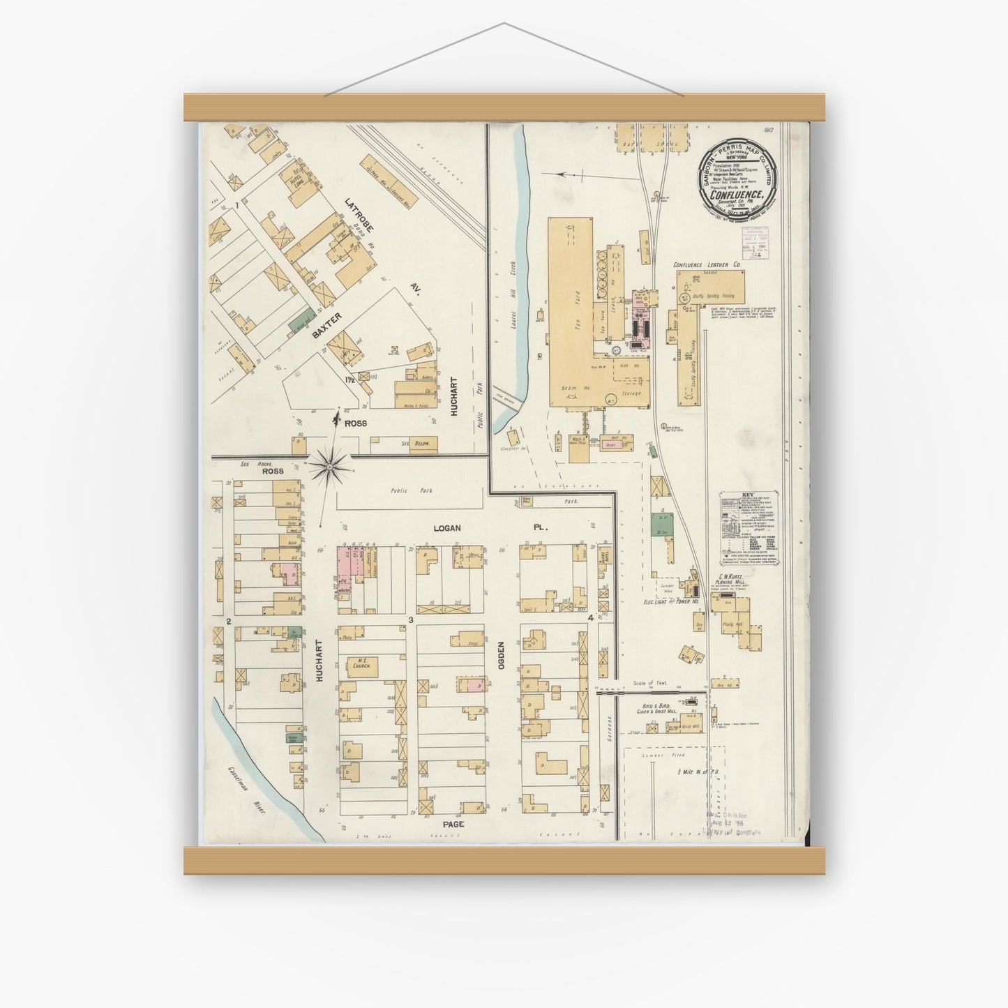 Old map wall art mockup — magnetic wood frame on white wall — Sanborn Fire Insurance Map from Confluence, Somerset County, Pennsylvania (1901), Sheet #0001