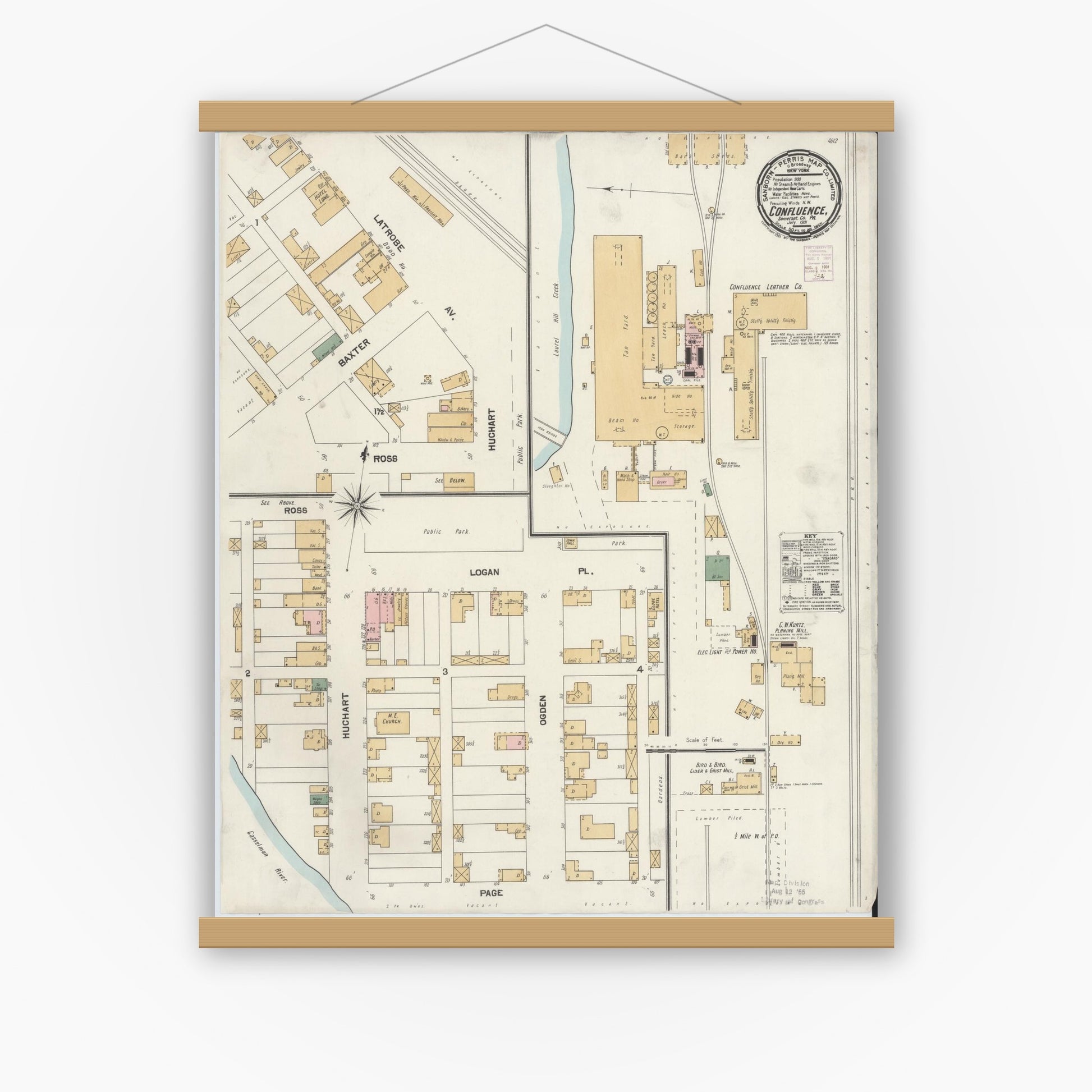 Old map wall art mockup — magnetic wood frame on white wall — Sanborn Fire Insurance Map from Confluence, Somerset County, Pennsylvania (1901), Sheet #0001