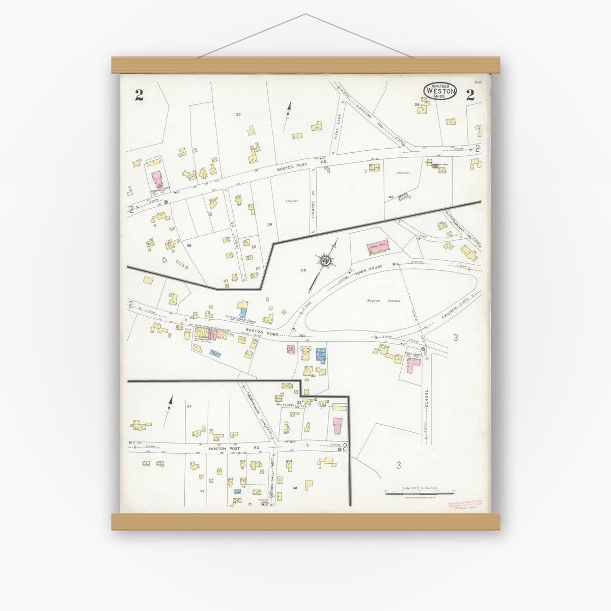 Old map wall art mockup — magnetic wood frame on white wall — Sanborn Fire Insurance Map from Weston, Middlesex County, Massachusetts (1929), Sheet #0002