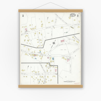 Old map wall art mockup — magnetic wood frame on white wall — Sanborn Fire Insurance Map from Weston, Middlesex County, Massachusetts (1929), Sheet #0002