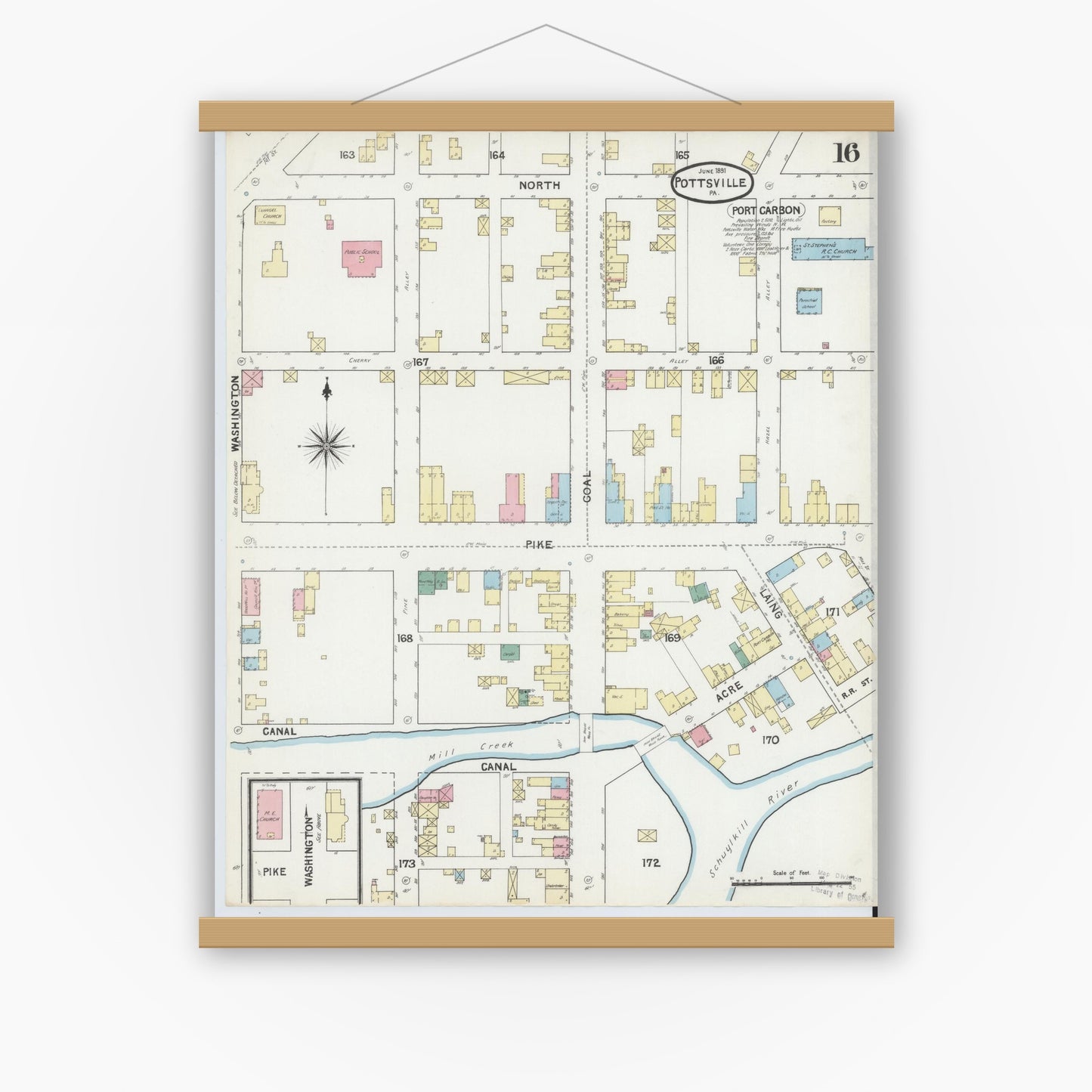 Old map wall art mockup — magnetic wood frame on white wall — Sanborn Fire Insurance Map from Pottsville, Schuylkill County, Pennsylvania (1891), Sheet #0016
