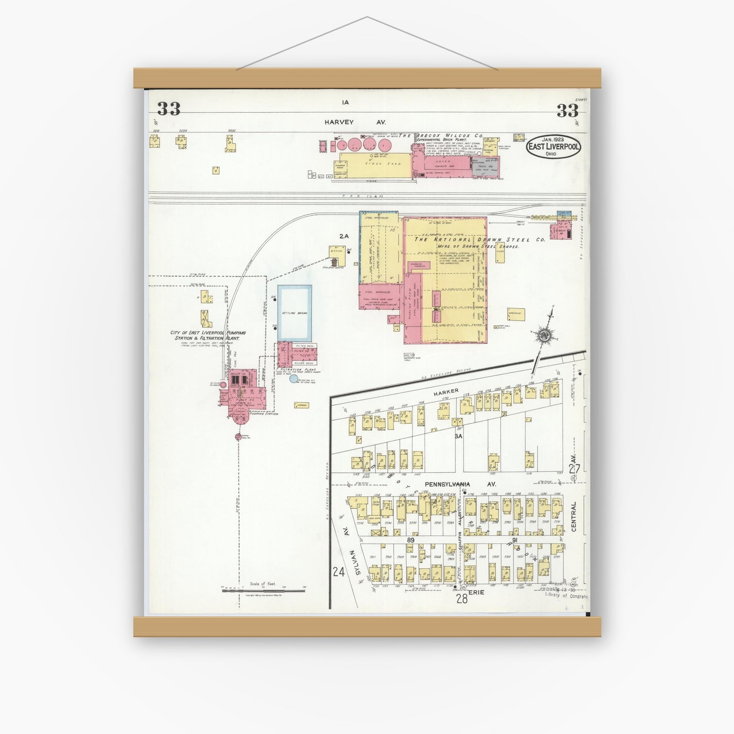 Old map wall art mockup — magnetic wood frame on white wall — Sanborn Fire Insurance Map from East Liverpool, Columbiana County, Ohio (1923), Sheet #0033
