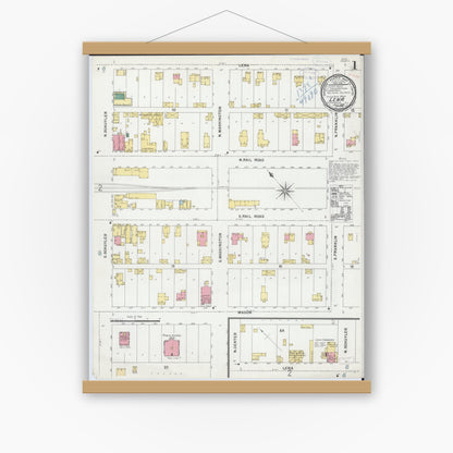 Old map wall art mockup — magnetic wood frame on white wall — Sanborn Fire Insurance Map from Lena, Stephenson County, Illinois (1898), Sheet #0001
