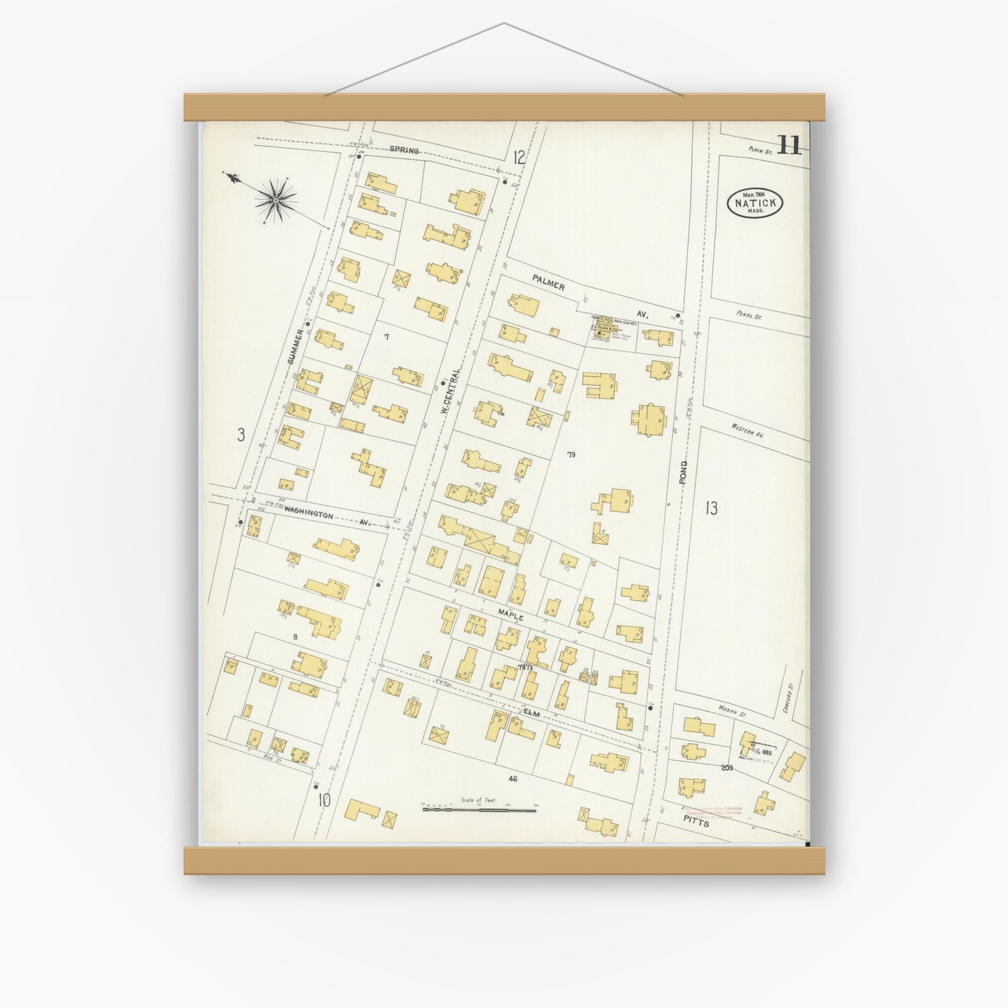 Old map wall art mockup — magnetic wood frame on white wall — Sanborn Fire Insurance Map from Natick, Middlesex County, Massachusetts (1904), Sheet #0011