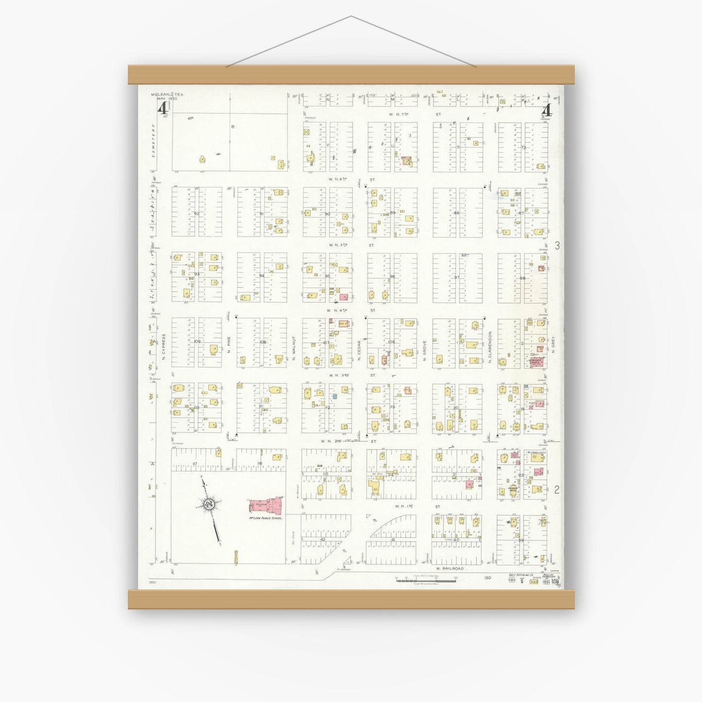 Old map wall art mockup — magnetic wood frame on white wall — Sanborn Fire Insurance Map from McLean, Gray County, Texas (1933), Sheet #0004