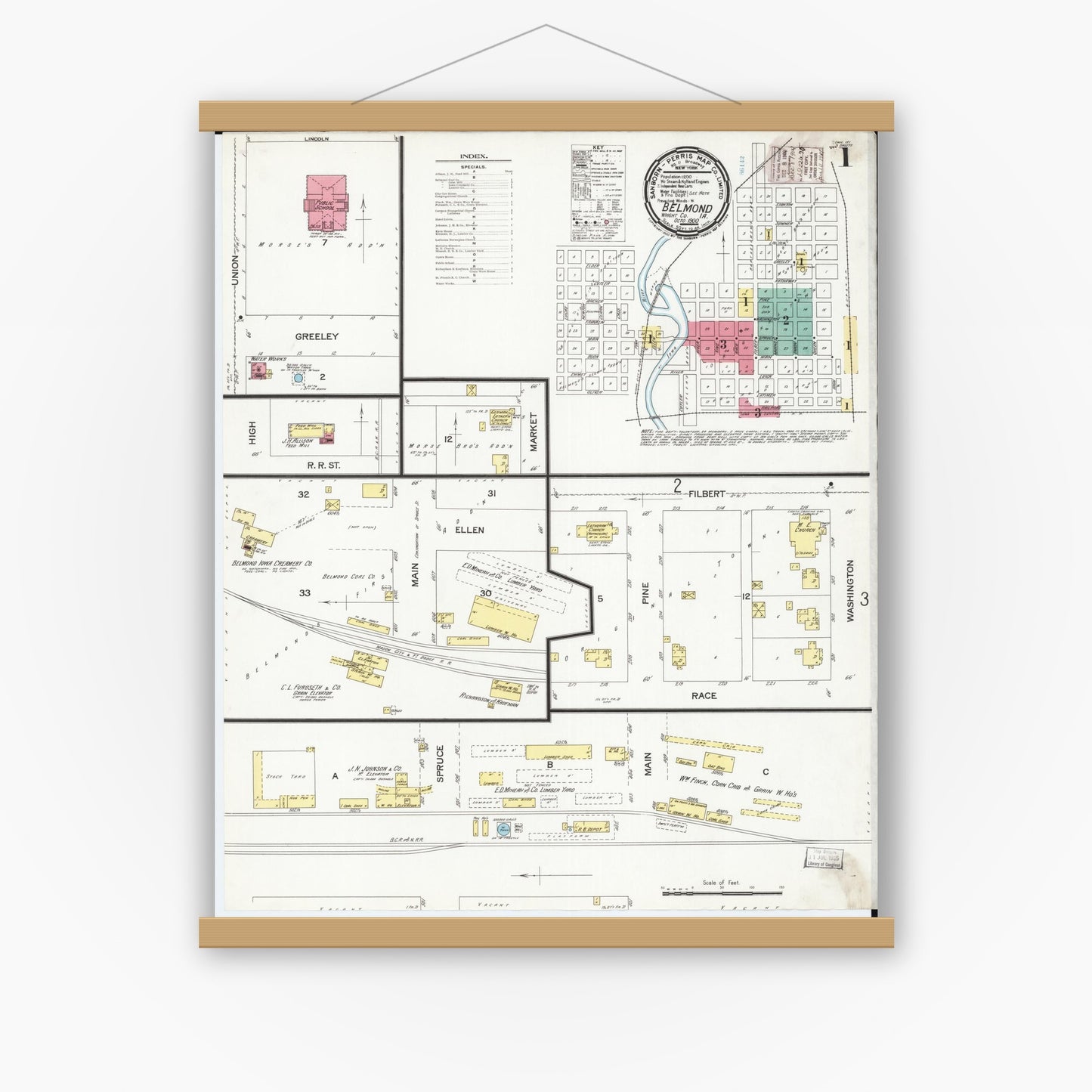 Old map wall art mockup — magnetic wood frame on white wall — Sanborn Fire Insurance Map from Belmond, Wright County, Iowa (1900) â€” Complete Set
