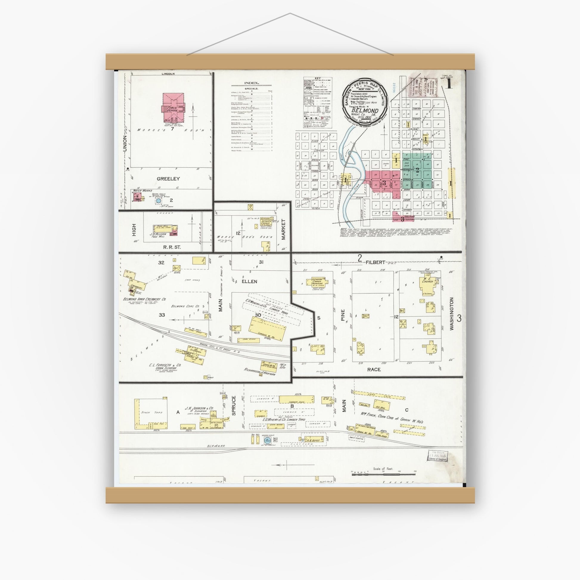 Old map wall art mockup — magnetic wood frame on white wall — Sanborn Fire Insurance Map from Belmond, Wright County, Iowa (1900) â€” Complete Set