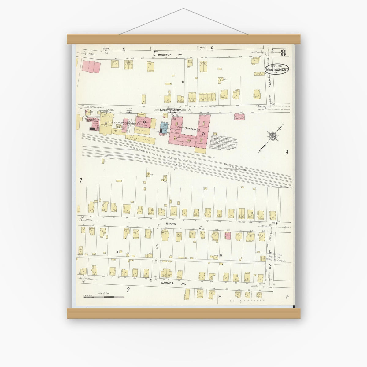Old map wall art mockup — magnetic wood frame on white wall — Sanborn Fire Insurance Map from Montgomery, Lycoming County, Pennsylvania (1912), Sheet #0008
