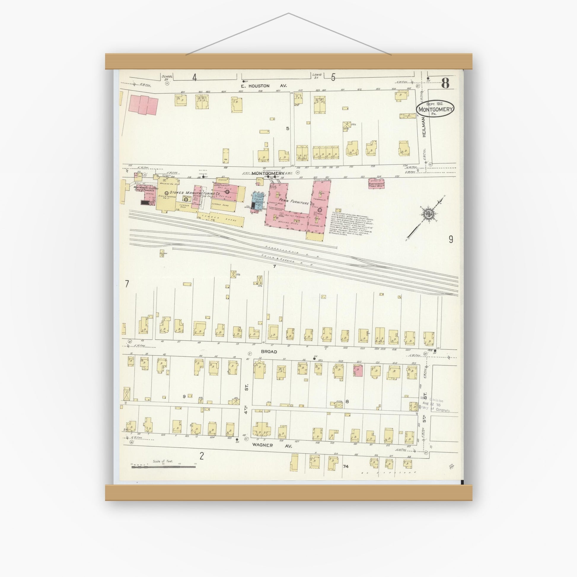 Old map wall art mockup — magnetic wood frame on white wall — Sanborn Fire Insurance Map from Montgomery, Lycoming County, Pennsylvania (1912), Sheet #0008