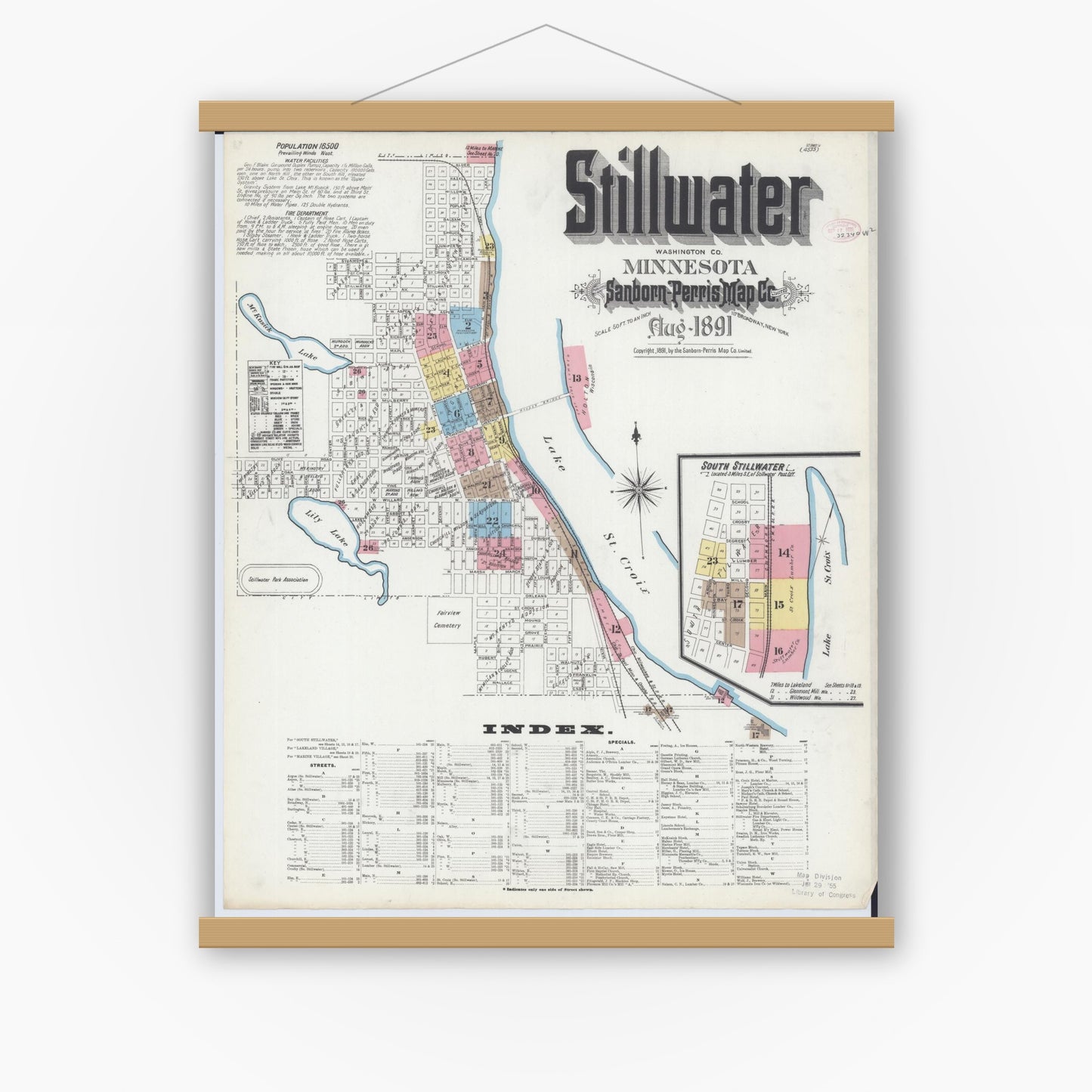 Old map wall art mockup — magnetic wood frame on white wall — Sanborn Fire Insurance Map from Stillwater, Washington County, Minnesota (1891), Sheet #0001