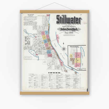 Old map wall art mockup — magnetic wood frame on white wall — Sanborn Fire Insurance Map from Stillwater, Washington County, Minnesota (1891), Sheet #0001
