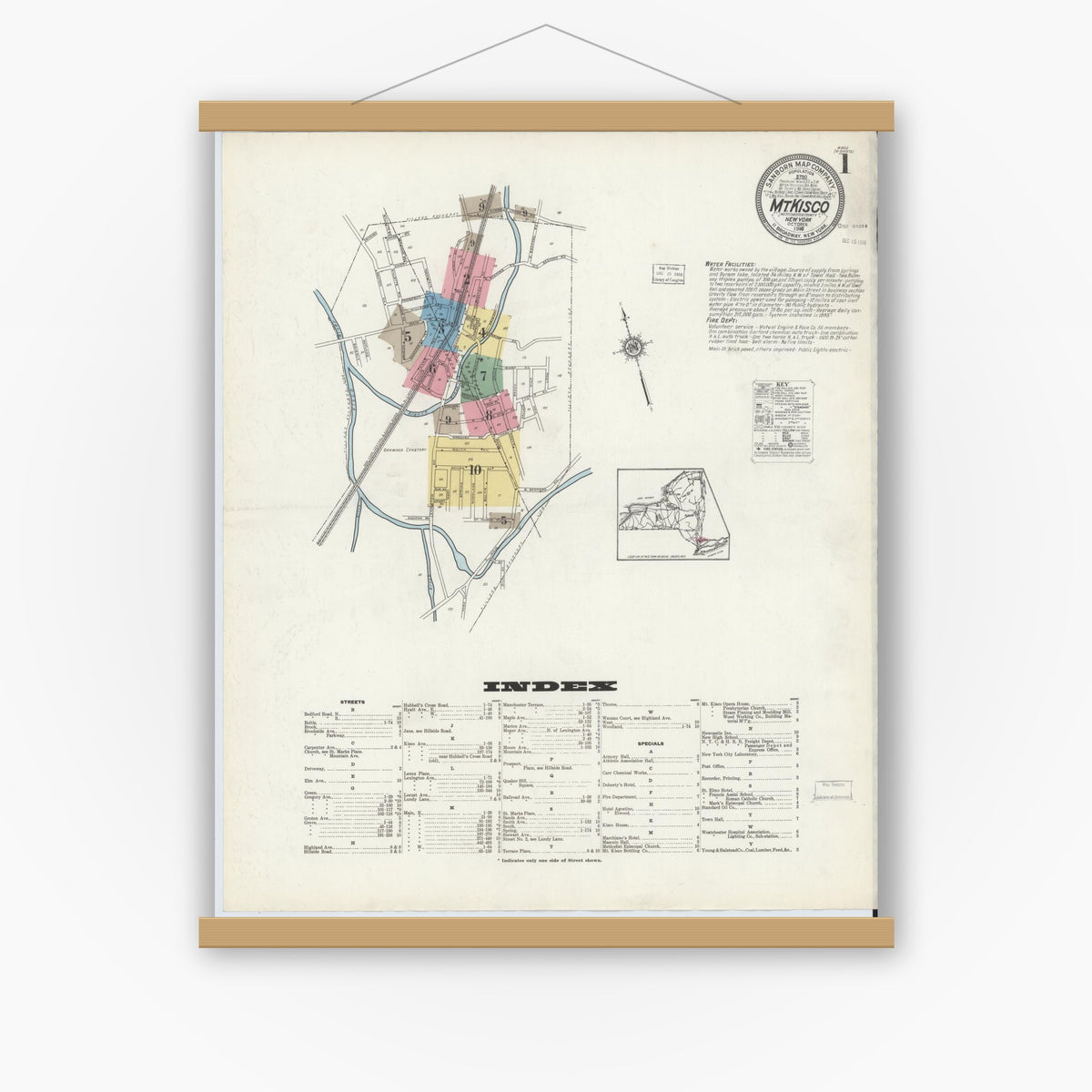 Old map wall art mockup — magnetic wood frame on white wall — Sanborn Fire Insurance Map from Mount Kisco, Westchester County, New York (1916), Sheet #0001