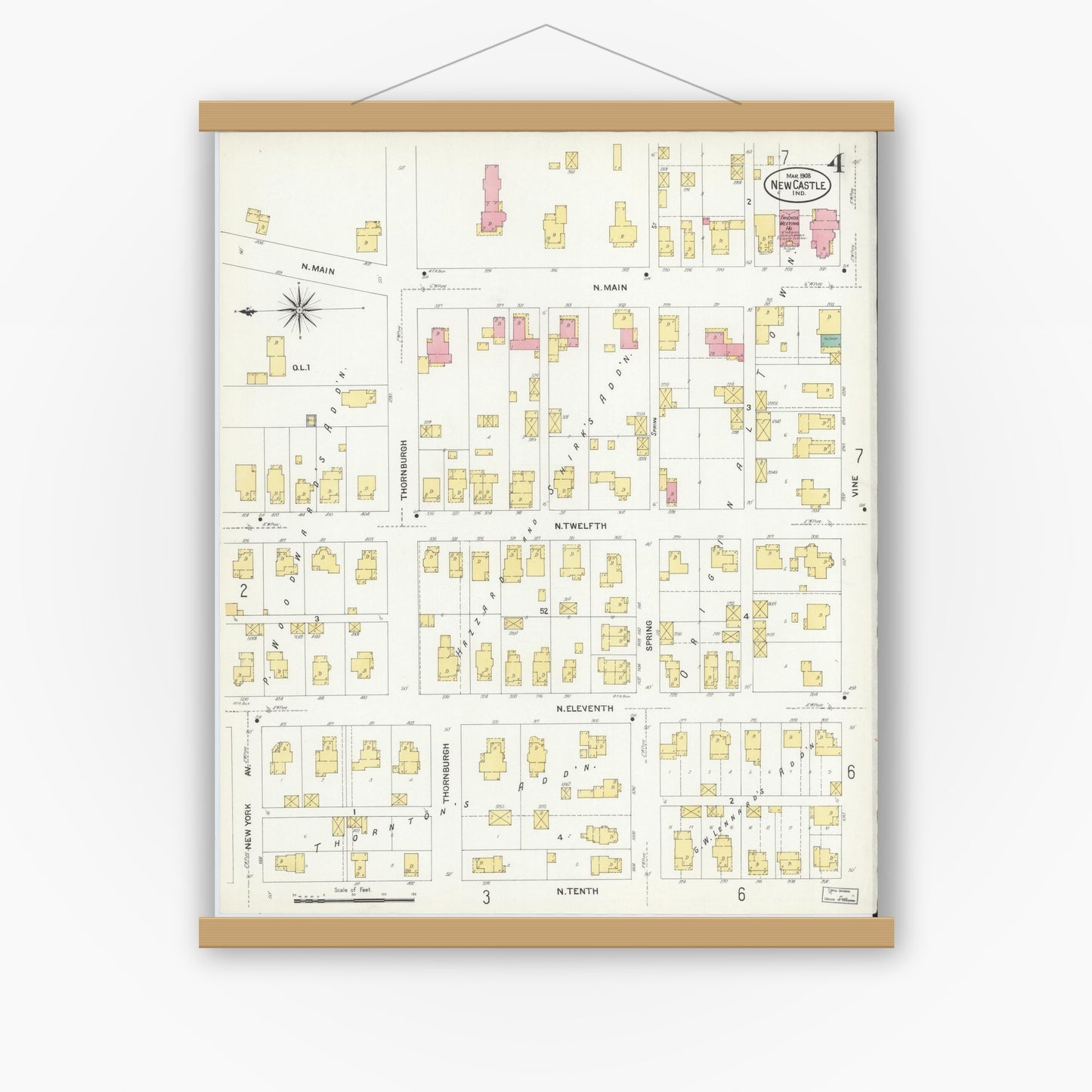 Old map wall art mockup — magnetic wood frame on white wall — Sanborn Fire Insurance Map from New Castle, Henry County, Indiana (1908), Sheet #0004