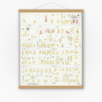 Old map wall art mockup — magnetic wood frame on white wall — Sanborn Fire Insurance Map from New Castle, Henry County, Indiana (1908), Sheet #0004