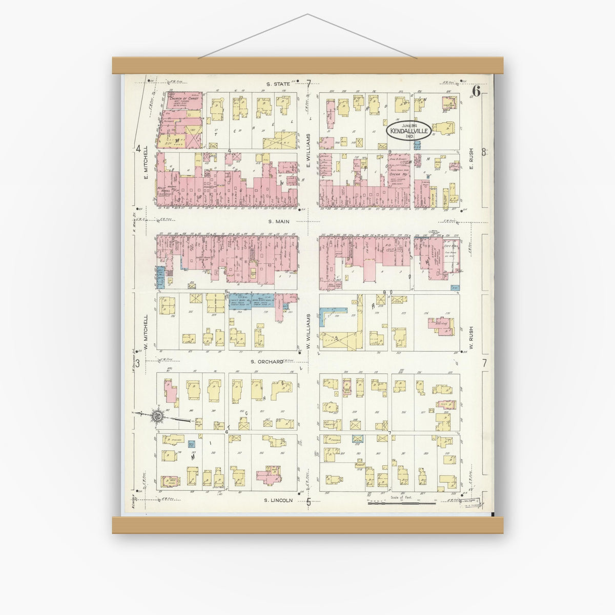 Old map wall art mockup — magnetic wood frame on white wall — Sanborn Fire Insurance Map from Kendallville, Noble County, Indiana (1914), Sheet #0006