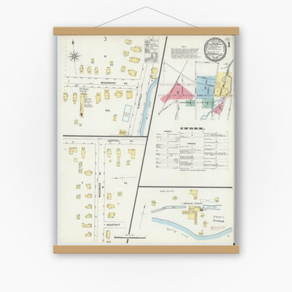 Old map wall art mockup — magnetic wood frame on white wall — Sanborn Fire Insurance Map from Springville, Erie County, New York (1897), Sheet #0001