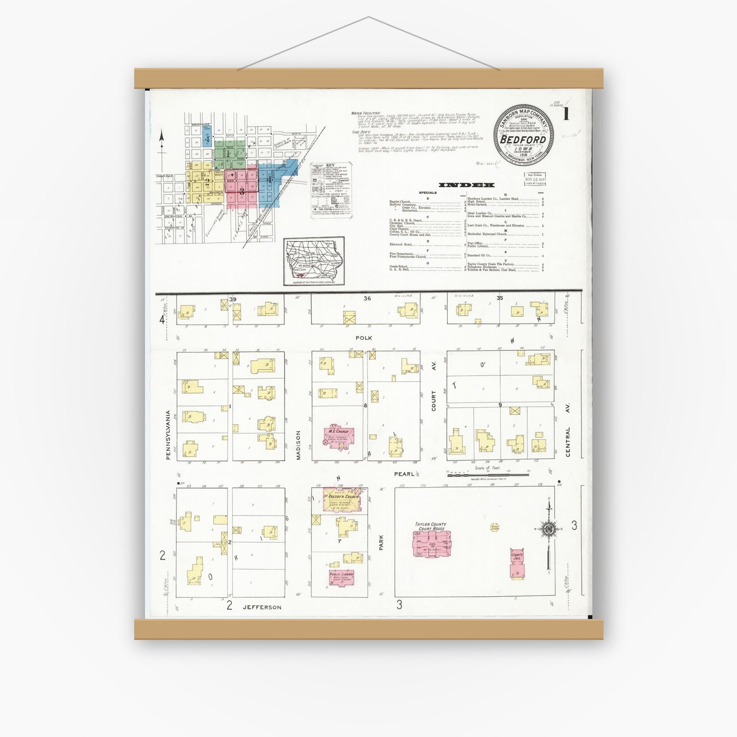 Old map wall art mockup — magnetic wood frame on white wall — Sanborn Fire Insurance Map from Bedford, Taylor County, Iowa (1918), Sheet #0001
