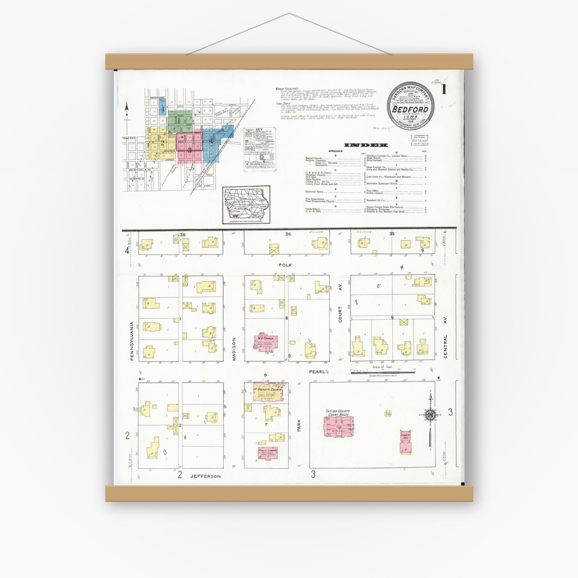 Old map wall art mockup — magnetic wood frame on white wall — Sanborn Fire Insurance Map from Bedford, Taylor County, Iowa (1918), Sheet #0001