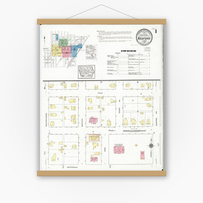 Old map wall art mockup — magnetic wood frame on white wall — Sanborn Fire Insurance Map from Bedford, Taylor County, Iowa (1918), Sheet #0001