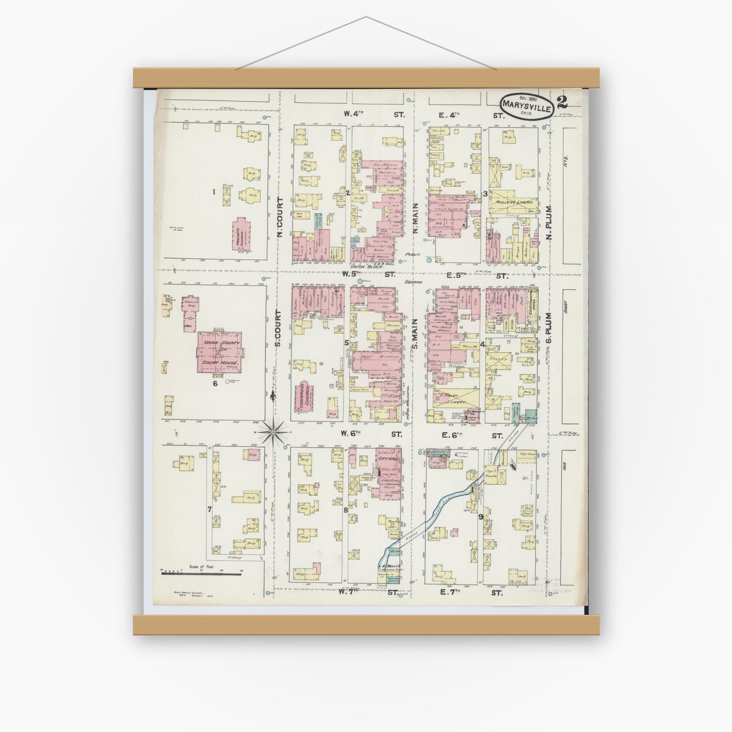 Old map wall art mockup — magnetic wood frame on white wall — Sanborn Fire Insurance Map from Marysville, Union County, Ohio (1890), Sheet #0002