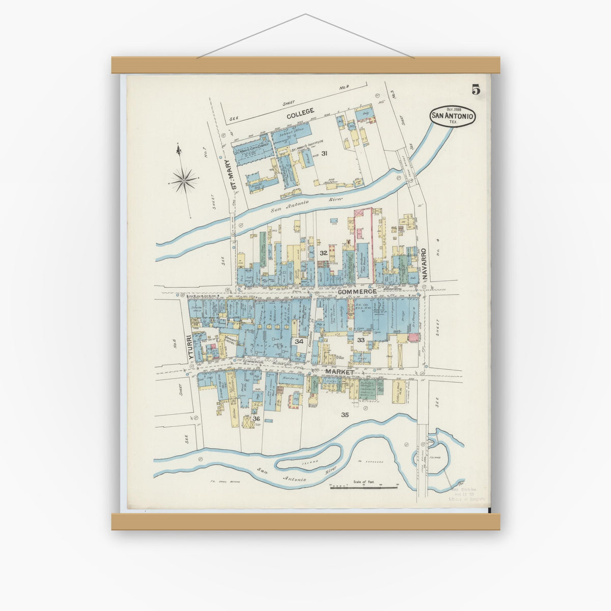 Old map wall art mockup — magnetic wood frame on white wall — Sanborn Fire Insurance Map from San Antonio, Bexar County, Texas (1888), Sheet #0005