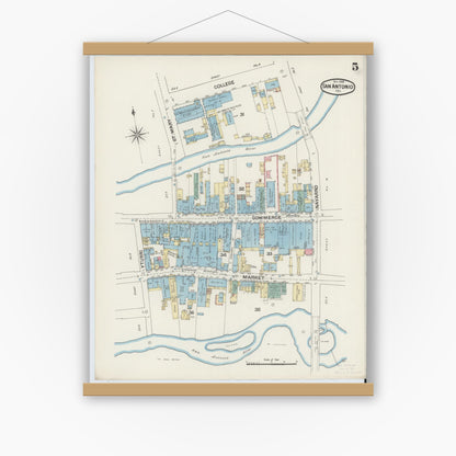 Old map wall art mockup — magnetic wood frame on white wall — Sanborn Fire Insurance Map from San Antonio, Bexar County, Texas (1888), Sheet #0005